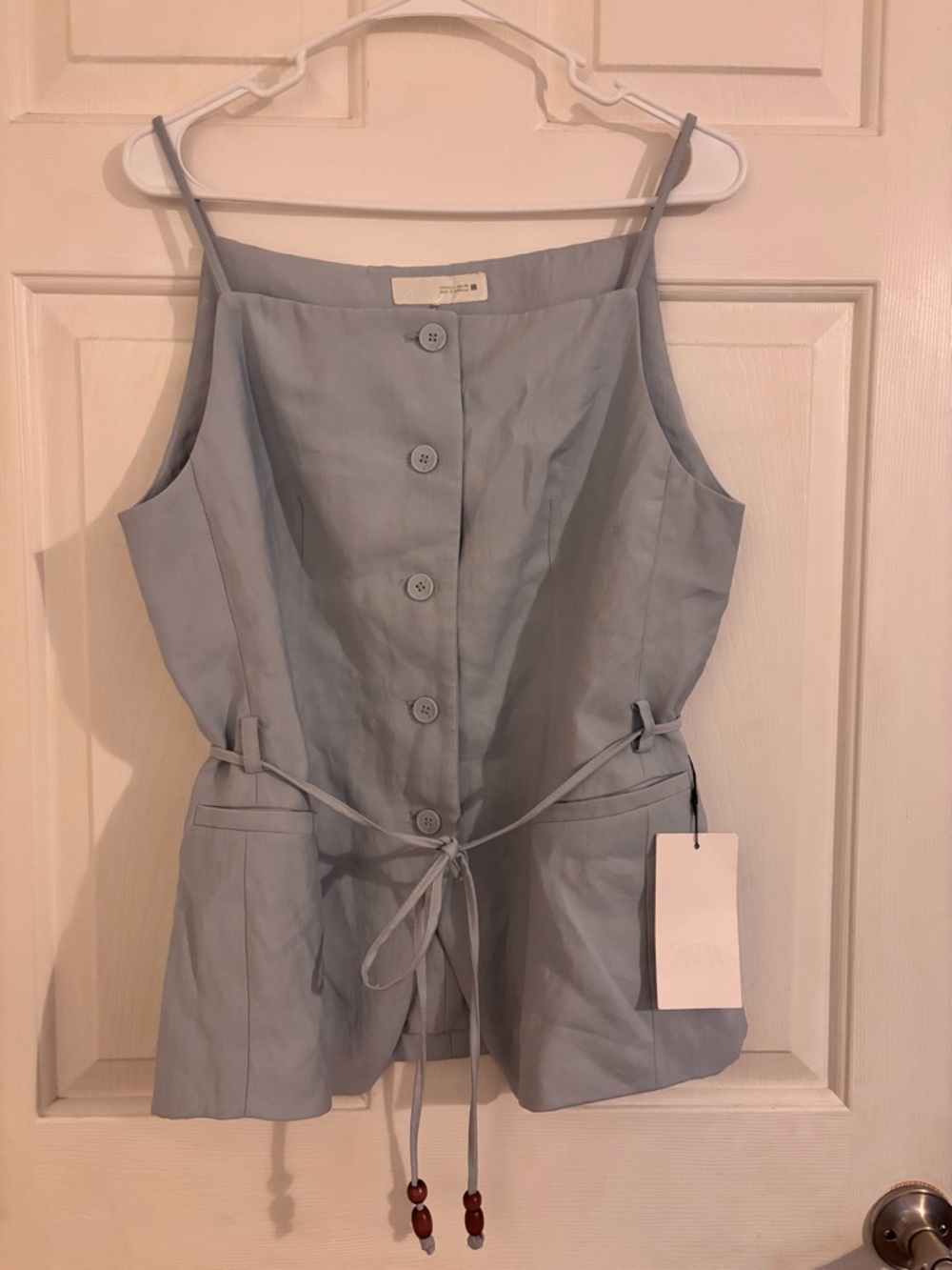 Zara Pale Blue Button-Front Top with Waist Tie